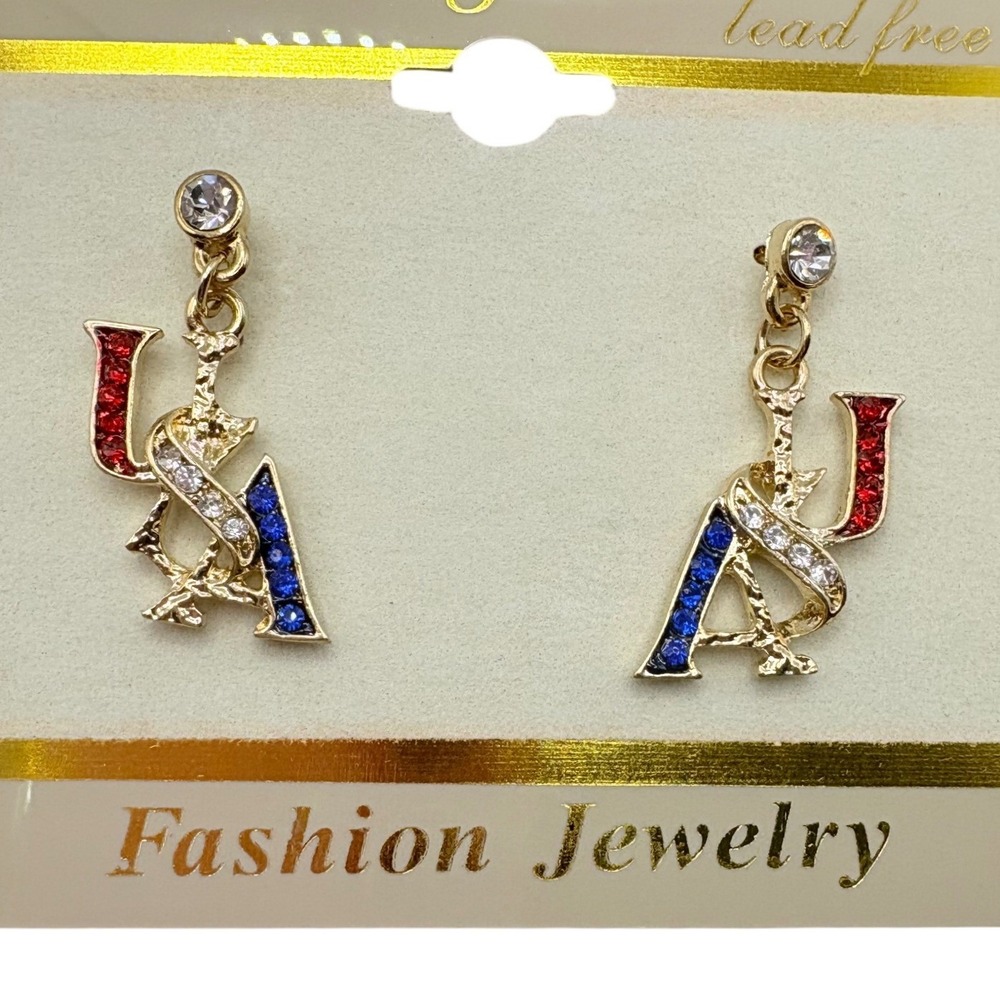 Elegante USA Flag Earring Gold Red White‎ Blue Rhinestone Patriotic July 4th New